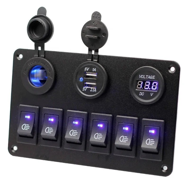 

6 Gang Blue Rocker Switch Panel Circuit Breaker 3.1A car USB charger LED voltmeter Cigarette lighter Waterproof Car Marine Boat