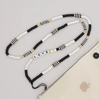 fashion women necklace clay telephone lanyard black white charm phone case chains mobile phone chain women jewelry accessories