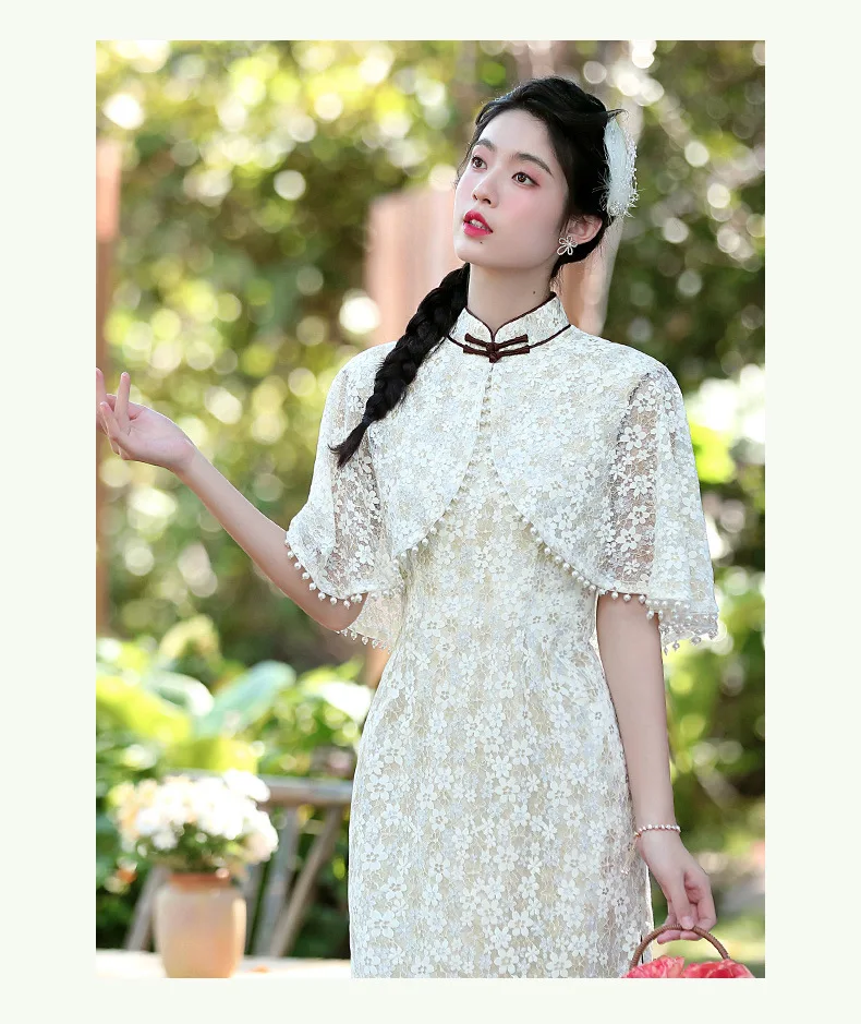 2023 Design Chinese Traditional Wedding Girls White Lace Dress Qipao With Cape Wrap
