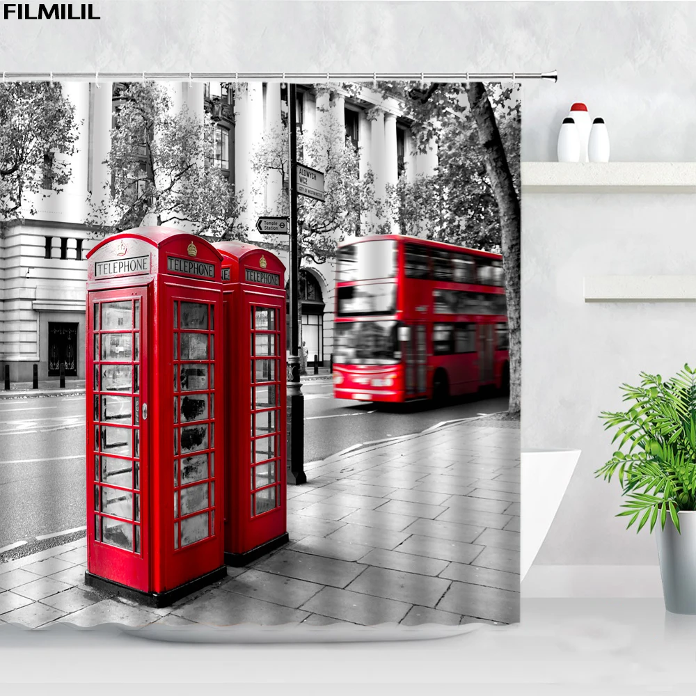 london street view shower curtains big ben red phone booth bus printing retro wall decor cloth screen hooks bathroom curtain set free global shipping