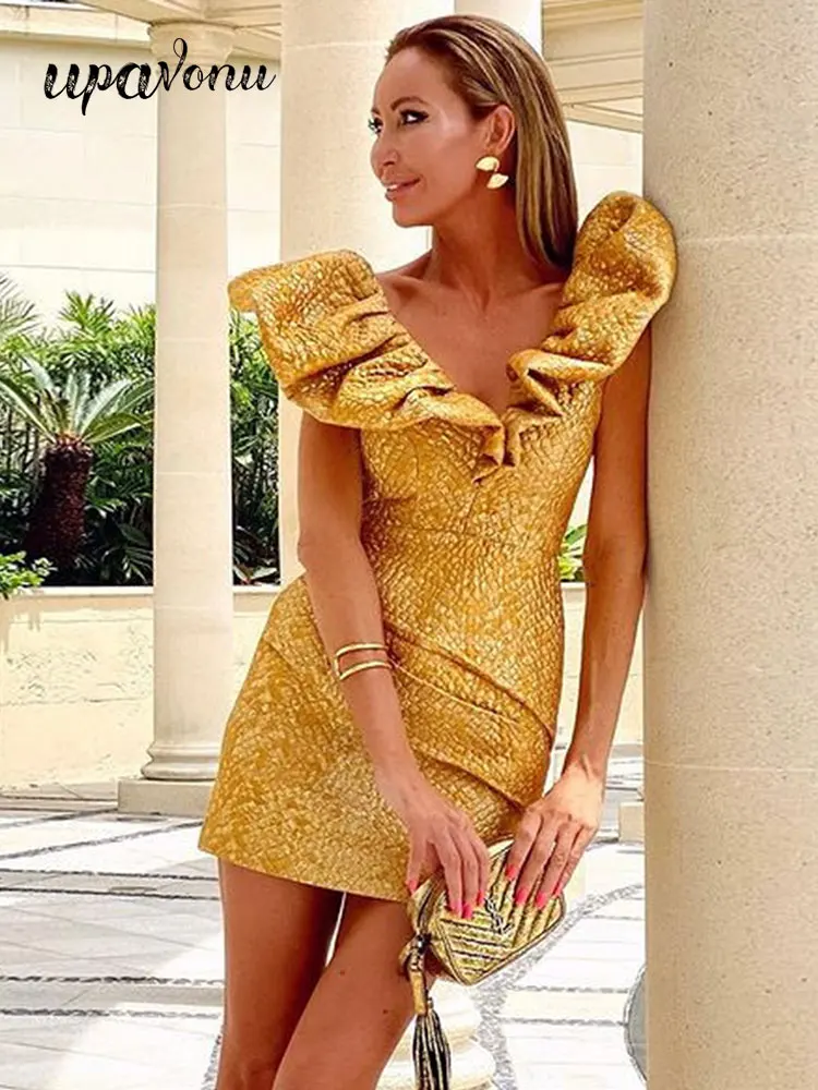 

Женское золотистое облегающее мини-платье, летнее сексуальное платье с V-образным вырезом и оборками, с открытой спиной, на шнуровке, элеган...