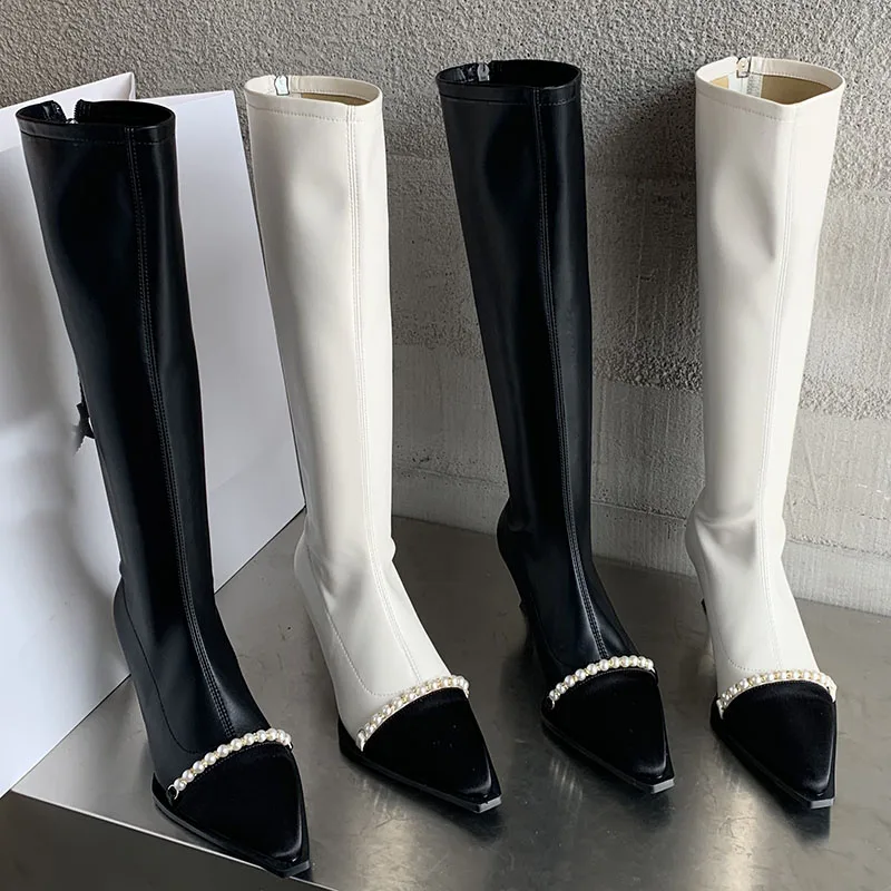 

Модные женские сапоги до колена с бусинами на шнурках, новинка 2022, осенне-зимняя женская обувь на каблуке, современные женские длинные сапог...