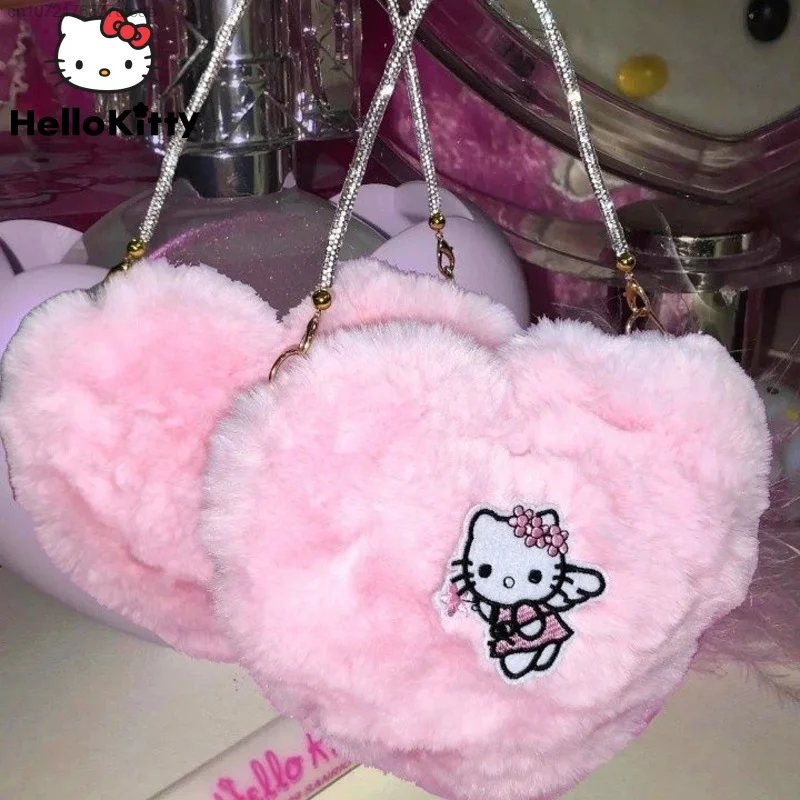 Hello Kitty Fashion Y2k Women Handbag Sweet Fluffy Tote Bag Shoulder Bag Girl Embroidere Chain Carrying Bag Armpit Plush Bag