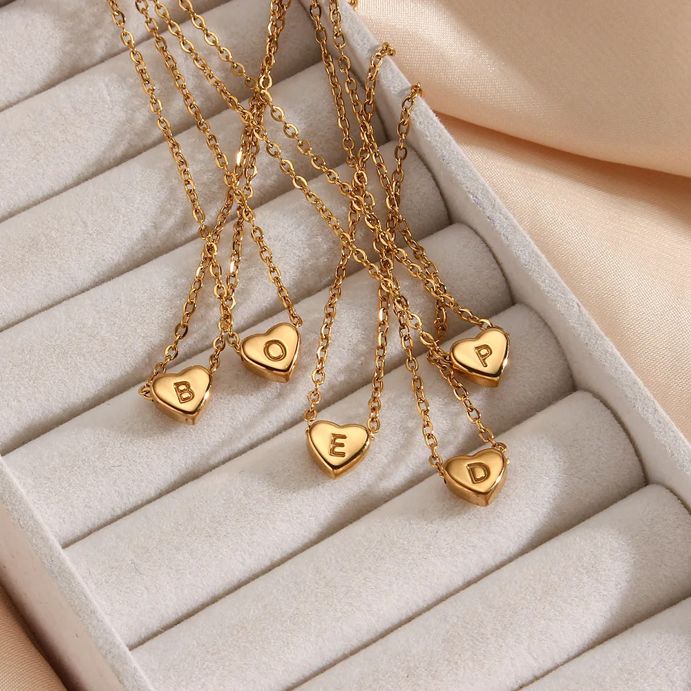 HIYEE Beautiful Delicate Peach Heart Jewelry Stainless Steel Plating Gold Delicate Heart Letter Pendant Necklace Love Pendant