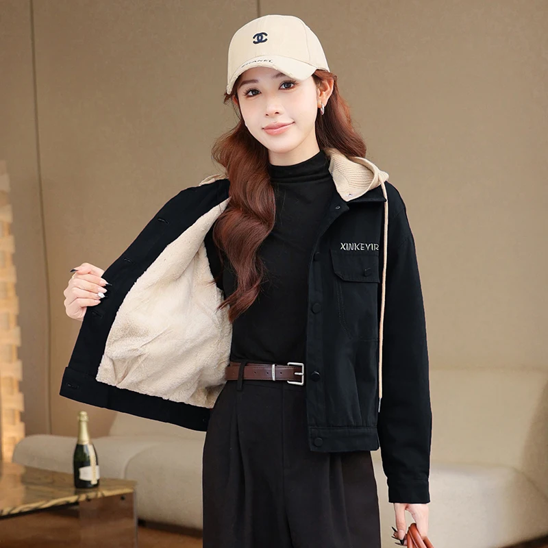 Fleece-lined Thick Baseball Uniform Outwear Women's Winter 2025 New Arrival Small Casual Short Denim Jacket Tops |