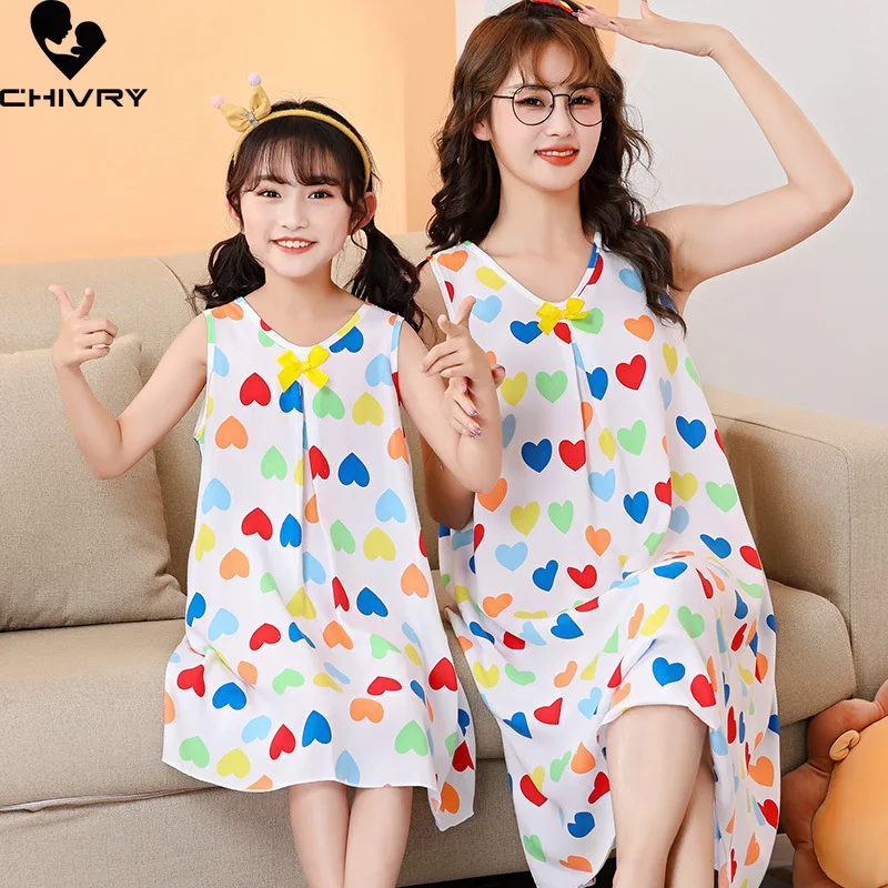 

New Mother Daughter Summer Nightdress Sleeveless Cartoon Heart Loose Dress for Girls Women Mom Mommy and Me Nightgowns Nightwear