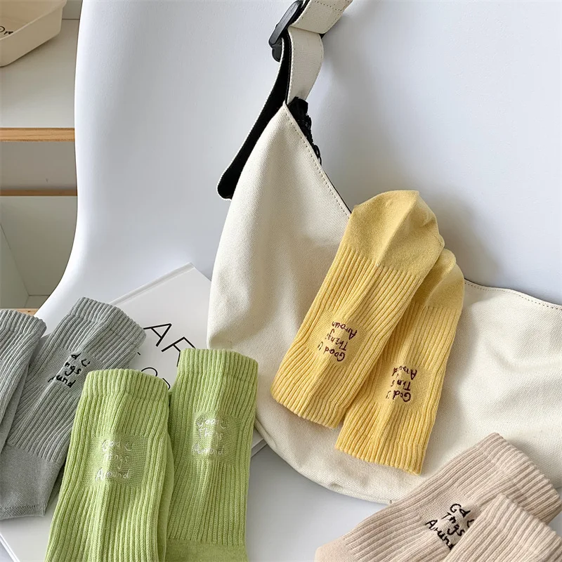 Women's Stockings 2pcs Kawaii Solid Color Monogram Embroidery Fashion Style Colorful Leisure Simple Long Cotton Woman Socks Set