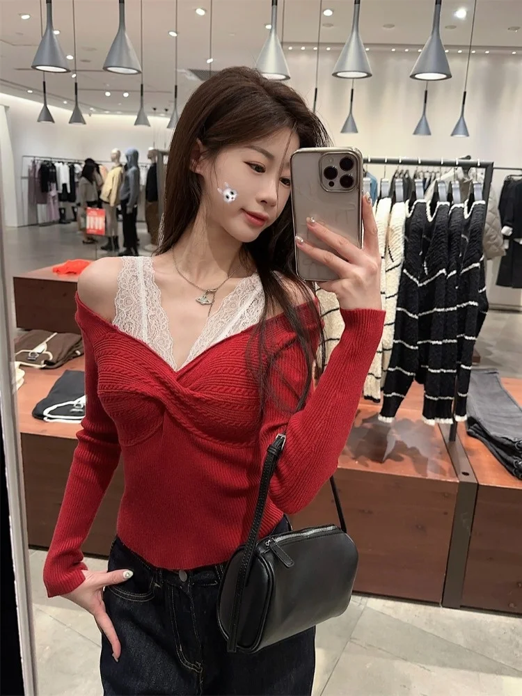 Красный кружевной шов с v-образным вырезом искусственный вязаный женский