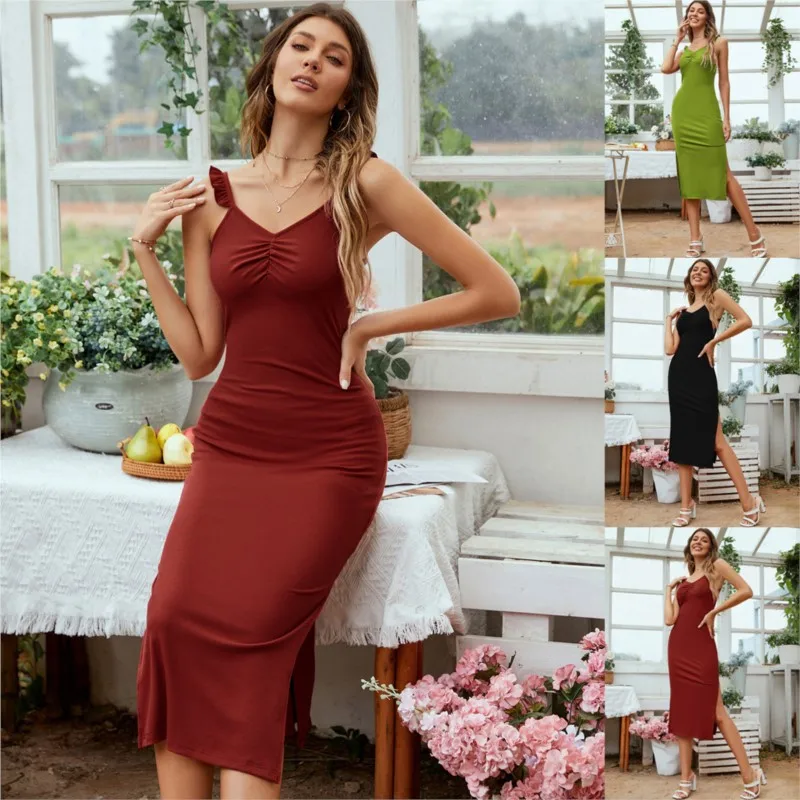 

Summer Dress For Women 2023 Elegant Party Neck Split Solid Spandex Casual Long Korean Clothing Kaftans Shirt