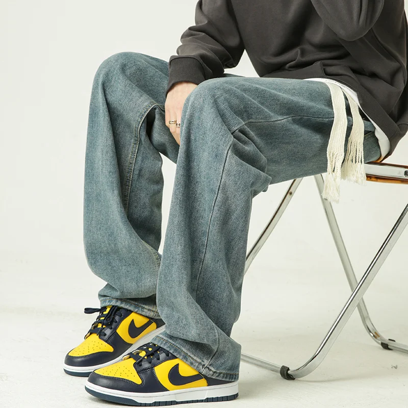 Blue Black Baggy Jeans Men Fashion Casual Drawstring Jeans Mens Japanese Streetwear Hip-hop Loose Straight Denim Trousers Men