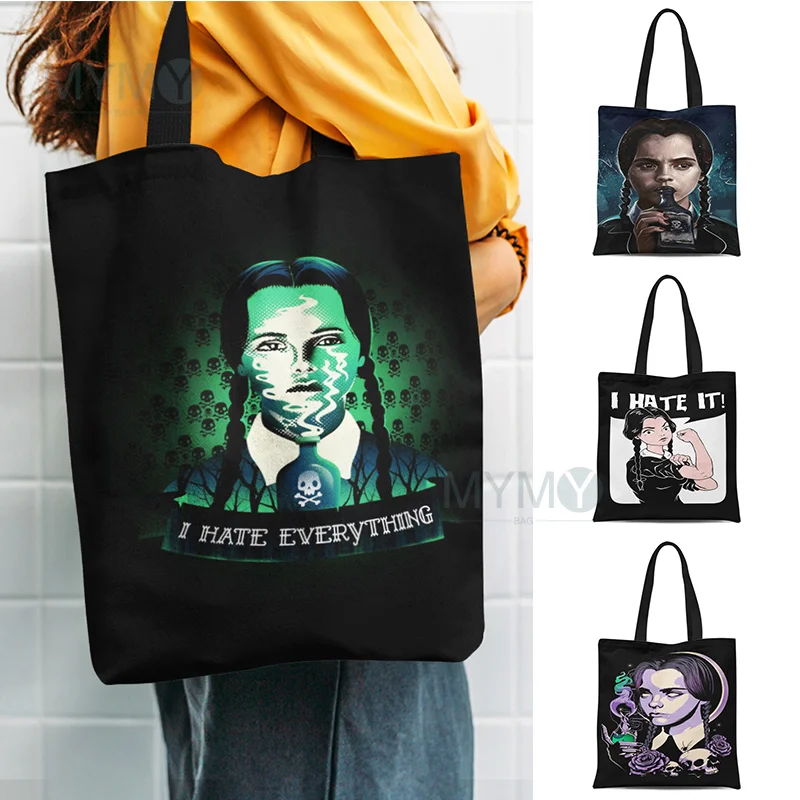 

Wednesday Addams Shoulder Bag Women Shopping Bag Female Canvas Family Handbags Shopper Eco Reusable Foldable Storage Tote Bag