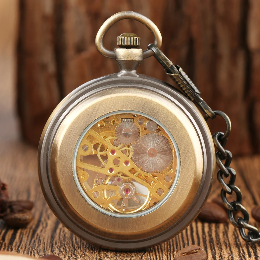 Red Roman Numerals Display Open Face Bronze Pendant Manual Mechanical Pocket Watch Elegant Vintage Hand-Winding Pocket Timepiece