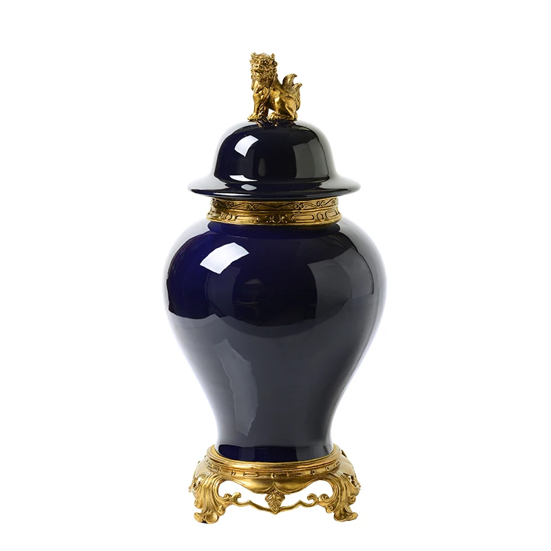 

American Blue and White Porcelain Inlaid Copper Temple Jar Decoration Living Room Luxury Furnishings European Hallway Crafts