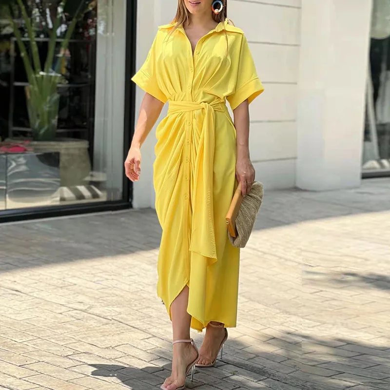 

Женское Ассиметричное платье макси с поясом, желтое/зеленое/розовое платье с коротким рукавом и отложным воротником, на пуговицах, лето 2022