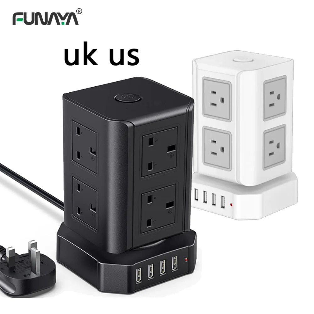 

Tower Power Strip Sockets UK US Plug 8 Utlets 4 USB AC110V 220V 10A 2500W White Home Office Smart Overload Protection Socket