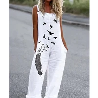 fashion women casual loose chic square neck cotton blends bird feather print sleeveless pocket design jumpsuit