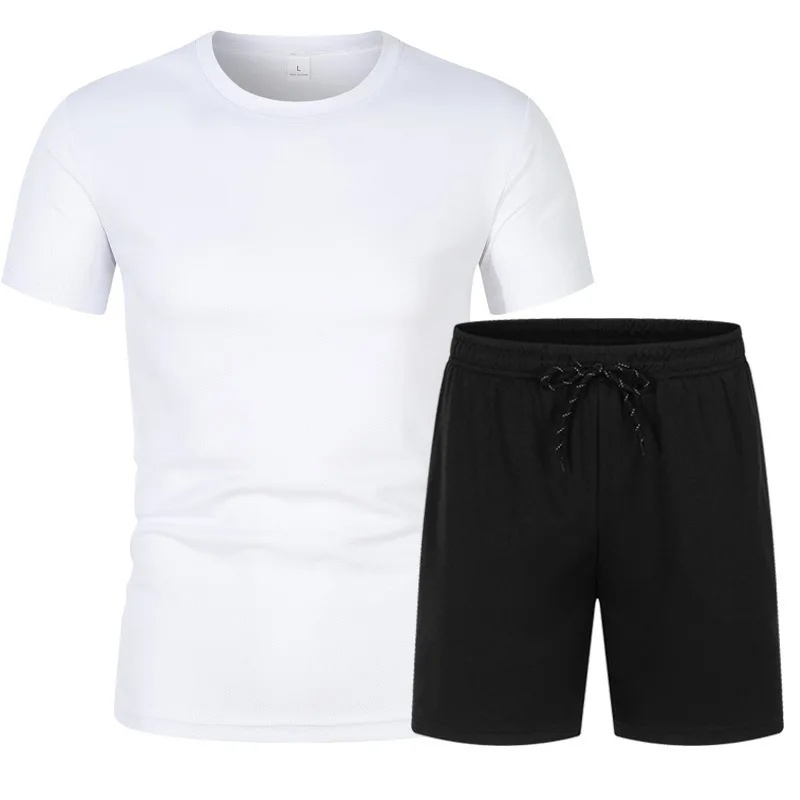 2023 Summer men's solid color two-piece cotton fabric casual T-shirt and shorts suit, men's fashion short-sleeved sports suit