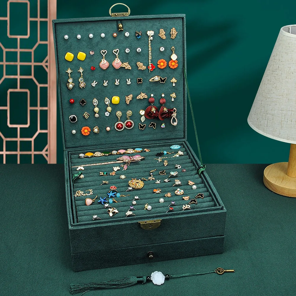 5 Layers Jewelry Box Women Girls Necklace Earings Organizer Ring Case Drawer Metal Lock Tassel Key Green Pink Navy Black AOJCAJA