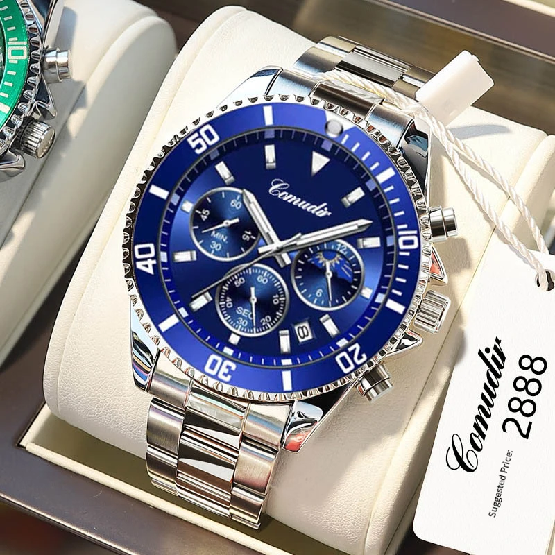 

Часы COMUDIR Мужские кварцевые, модные роскошные золотистые водонепроницаемые светящиеся с зеленым водным призраком, с календарем