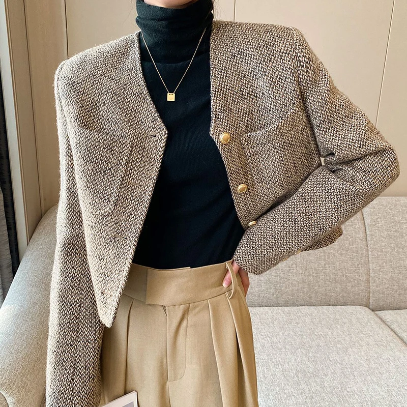 

Женская короткая куртка цвета хаки Lucyever, простое твидовое пальто в английском стиле, однобортная верхняя одежда в Корейском стиле с круглым вырезом для осени, 2023