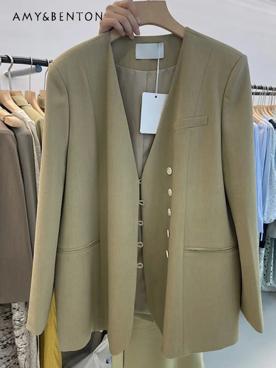 

Solid Color Casual Suit Jacket for Women Spring Autumn New High-End Design Sense Niche Long Sleeve V-neck Casual Suit Coat