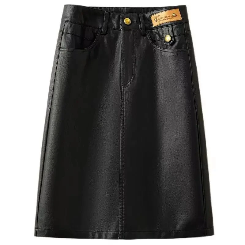 Юбка женская кожаная средней длины модная трапециевидная юбка из экокожи с