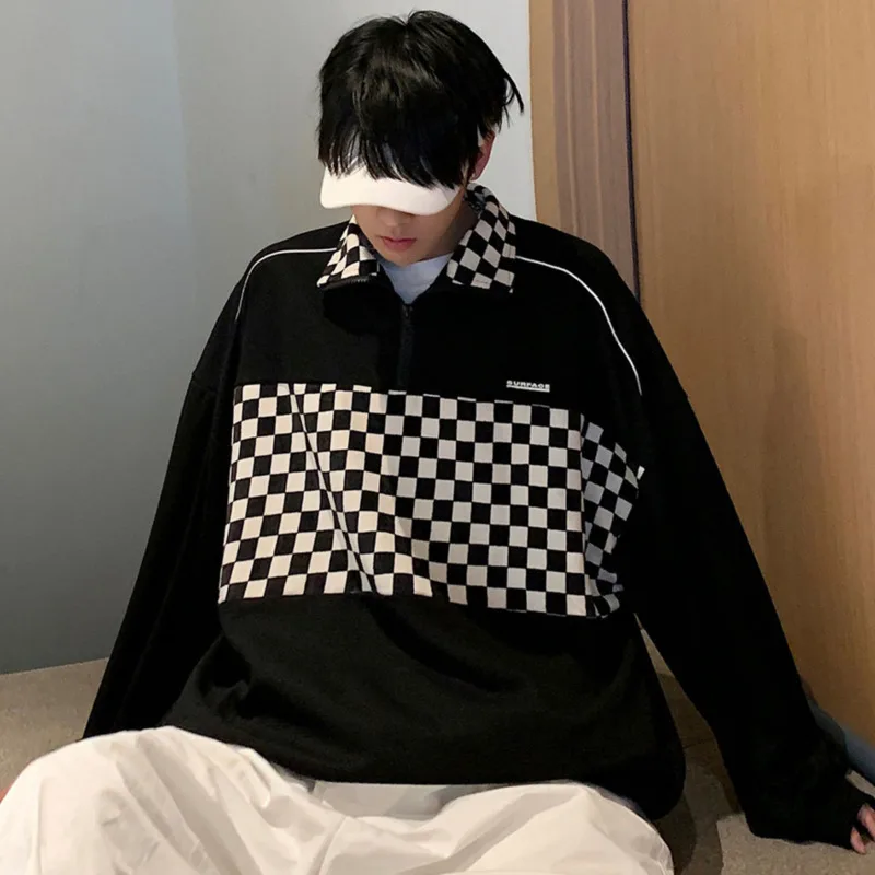 

Spring Plaid Sweatshirts Men's Korean Casual Hoodie Men's Fashion Loose Pullover Men's Streetwear Patchwork Jacket M-3XL