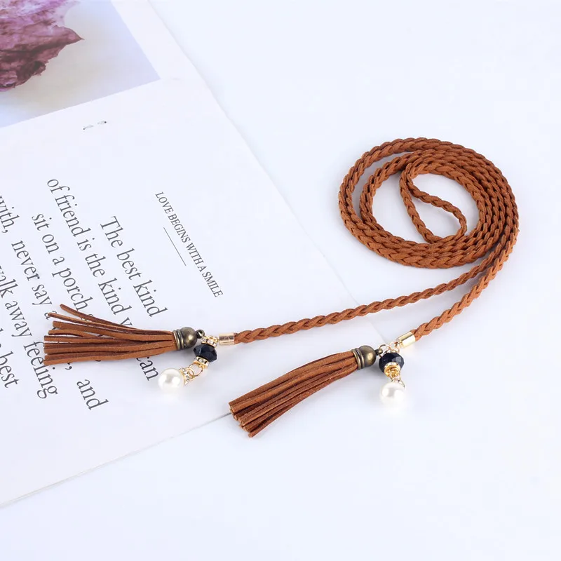 

Tasstel Braided Waist Belt for Women Pearl Rhinestone Knot Rope Waistband Dress Waist Chain Woven Thin Belt Ladies Female Strap