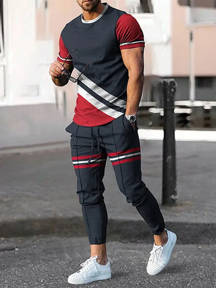

Men Summer Short-Sleeved Streetwear T-shirt Long Trousers 2-piece Set 3D Printed Large Size Fashion Men T-shirt Sportswear suit