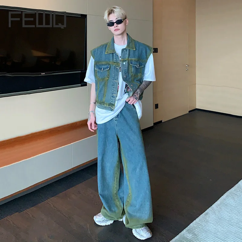 

FEWQ Men Highend Two Piece Gradient Sleeveless Denim Vest Sets Fashion Baggy Jeans Suits Fashion Male Straight Tide Pants 9C1225