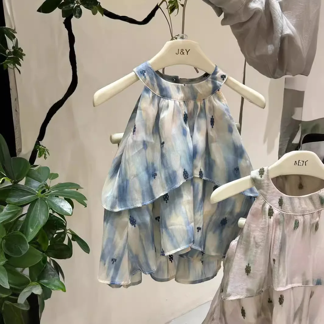 Одежда для девочек костюм 2024 летняя шифоновая рубашка без рукавов шорты новый