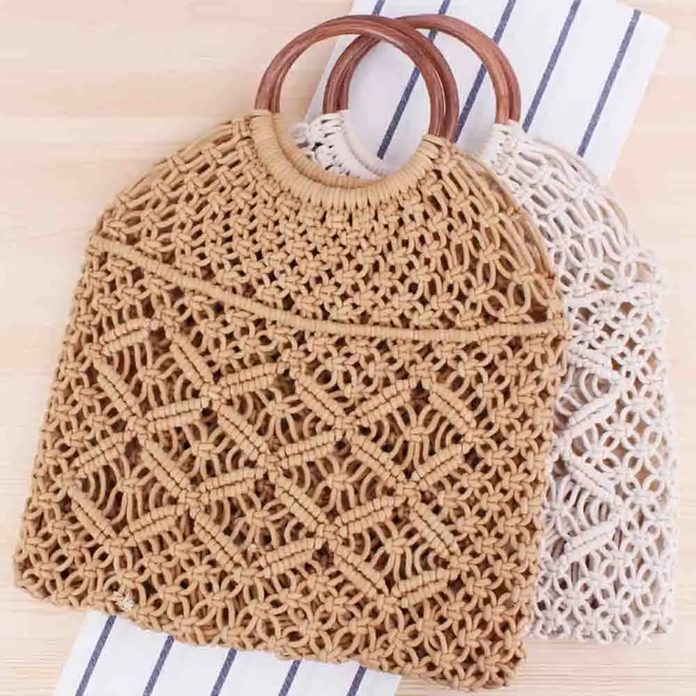 

Fashion Women Summer Bag Hollowed Out Handmade Bucket Solid Color Shoulder Woven Handbag Cotton Strings Woven Cotton Beach Bag