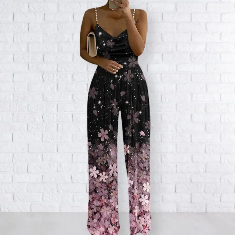 

Stylish Summer Jumpsuit Spaghetti Straps Skin-touching Lady Romper Sweet Floral Printing Loose Romper