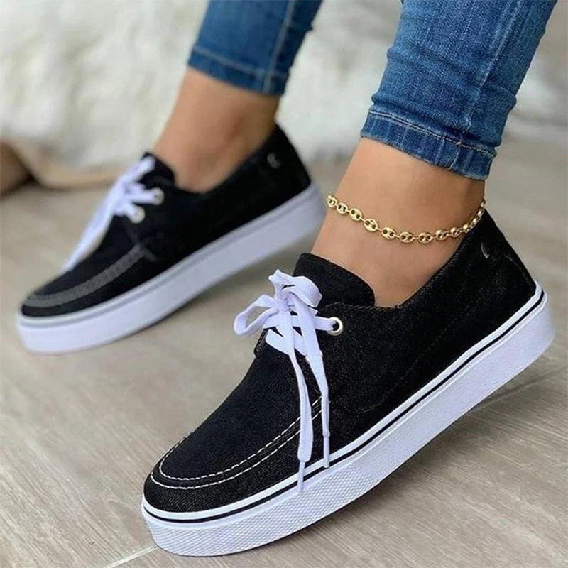 

Women Denim Canvas Lace Up Vulcanized Female Sewing Round Toe Retro Sneakers Ladies Sport Shoes Casual Footwear Plus Size 43