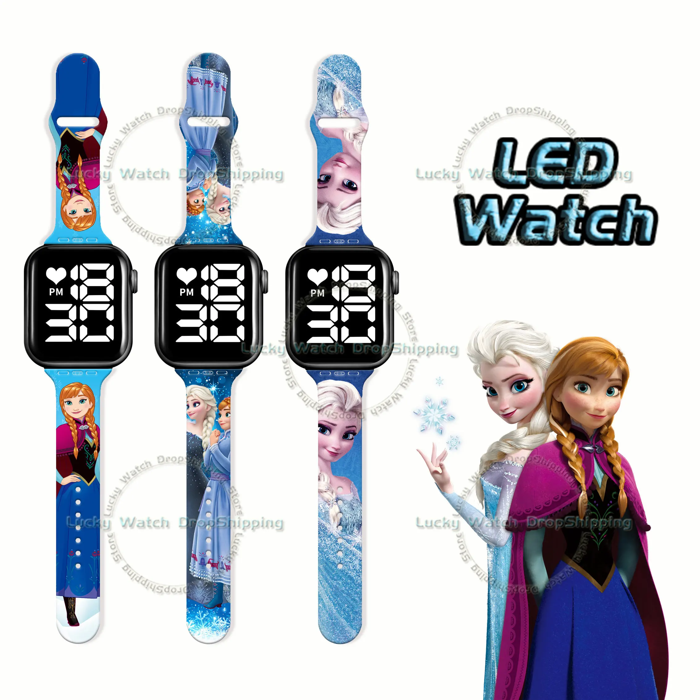 Disney Cartoon Frozen Princess Printing Led Watch Anime Figures Elsa Anna Fashion Press Button Watch Kids Watch Regali Di Compleanno