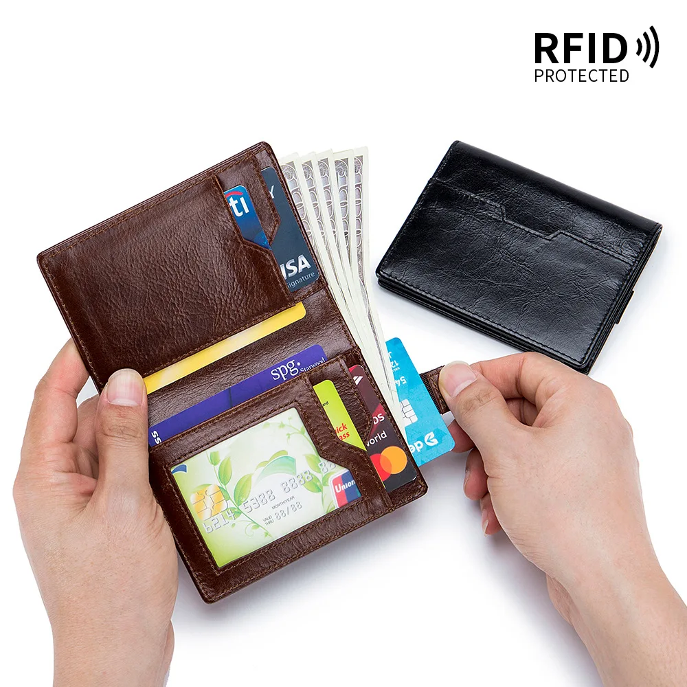 RFID Blocking Genuine Leather Men's Short Wallet Oil Wax Skin Bifold Purse Credit Card Wallet Money Bag Vintage Style
