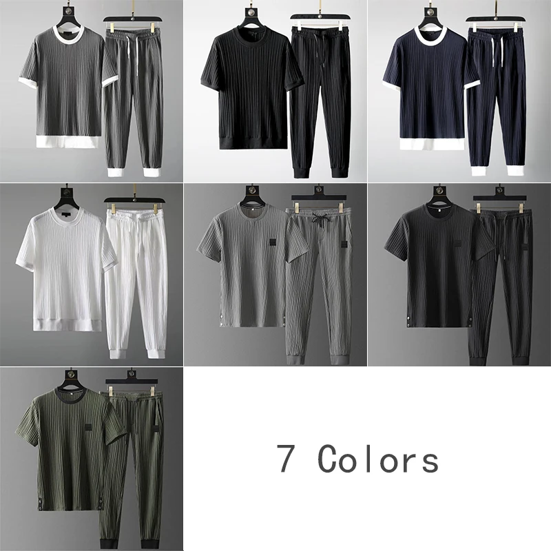1 Set Men Fashion Outfit Summer Top Pants Set Solid Color Ultrathin Breathable O Neck Pleated Design Shirt+Trousers Tracksuits