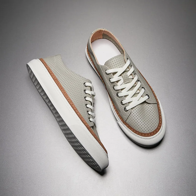 

Men fashion flat white shoes leather soft comfortable lace 2023 Summer