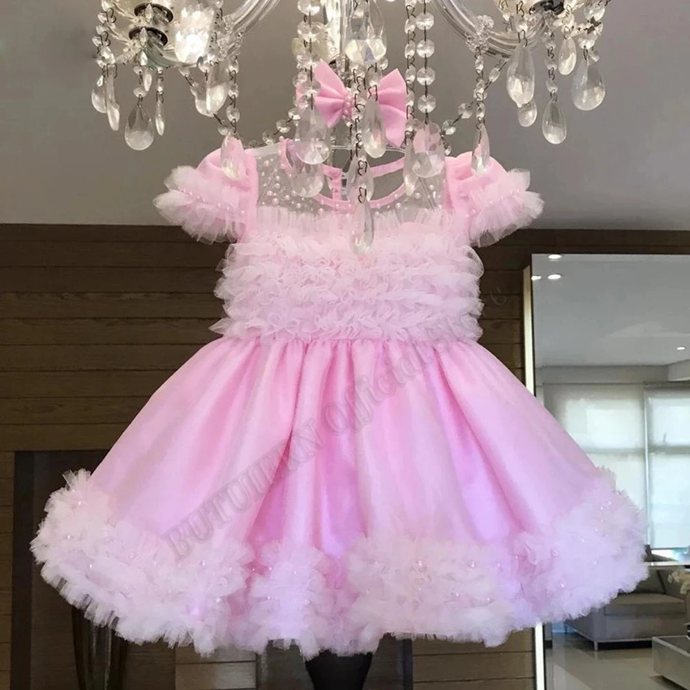 

Pink Puffy Pearls Pincess Flower Girl Dresses Ball Gown Baby Girls Couture Birthday Wedding Party Dresses Costumes Customised