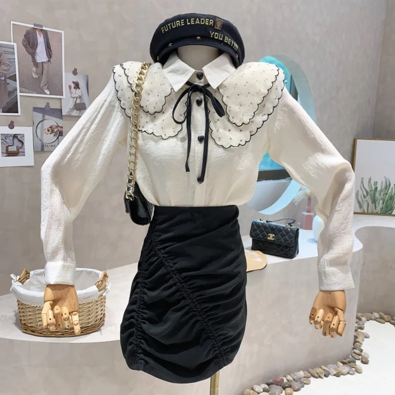 

New Women's Clothing 2022 Spring Versatile loose doll collar shirt long sleeve casual Tops femme blouses Detachable shawl