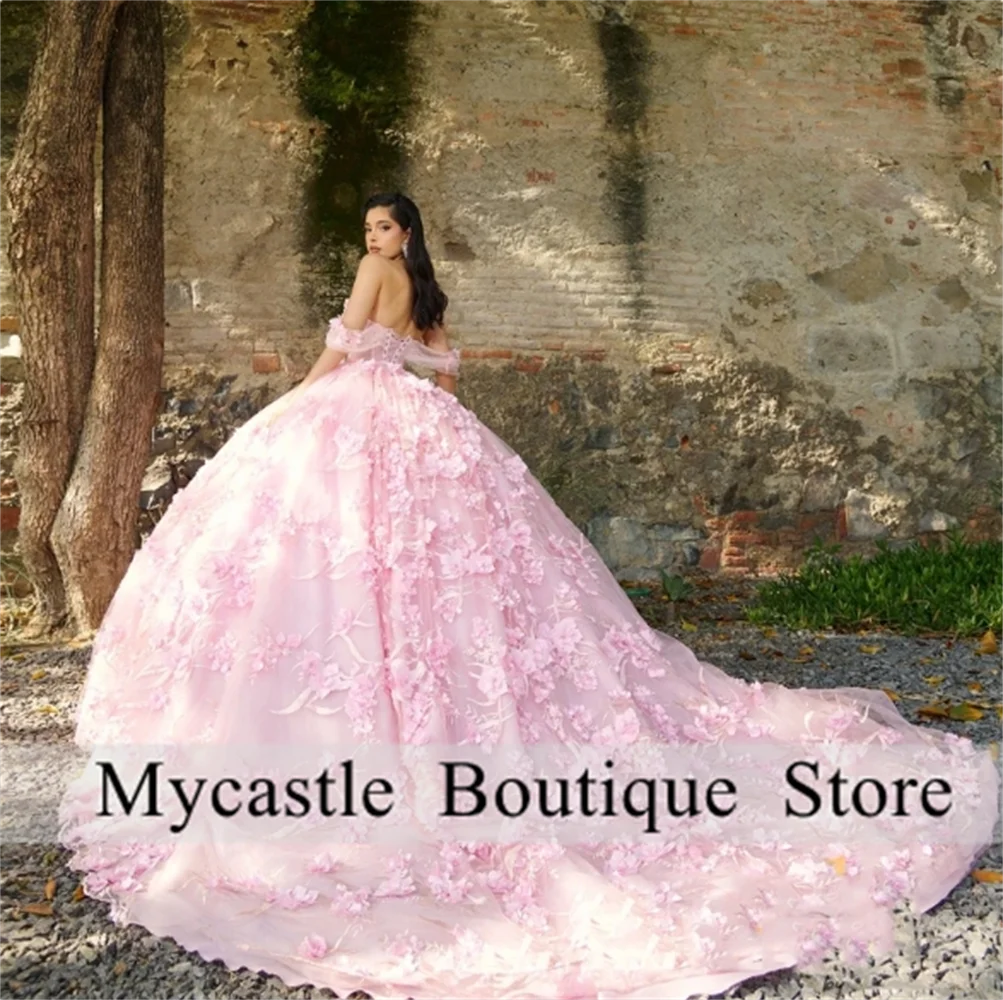 

Pink Lace Quinceanera Dress Ball Gown 2024 3D Flowers Appliques Beaded Sweet 16 Dress Birthday Party Gown Vestido De XV 15 Años
