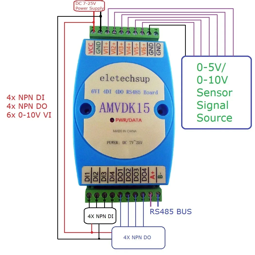 AMIDJ14 6AI-4DI-4DO 4-20MA 0-5 0-10V DI-DO RS485 IO модуль для температуры и влажности PT100 K J Датчик