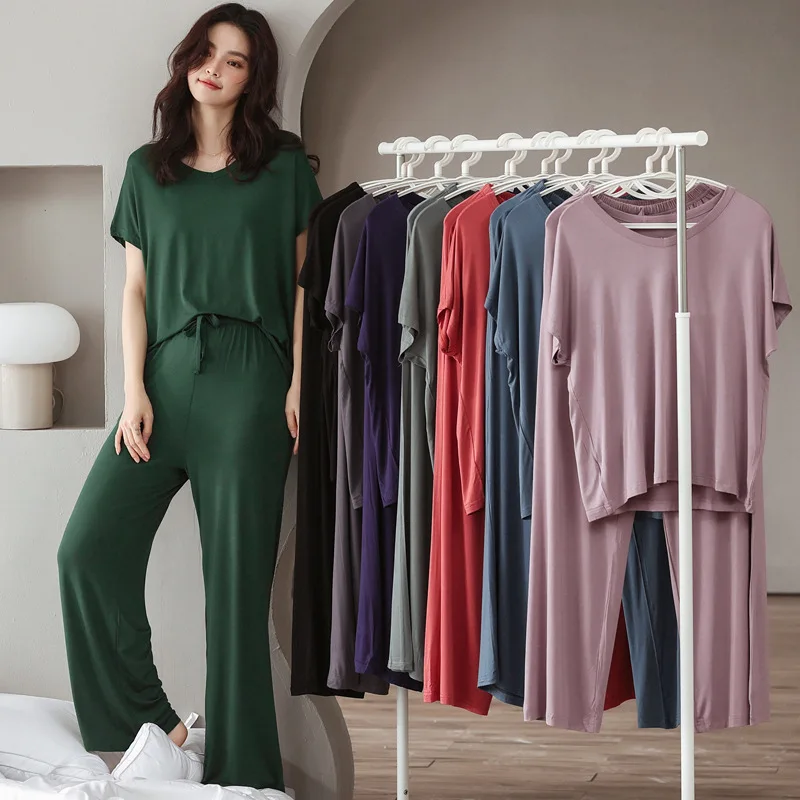 

Loose Elasticity Suit Viscose Pajamas Set Casual Women's Spring And Autumn Homewear Modal Short Sleeve Pants Home Service