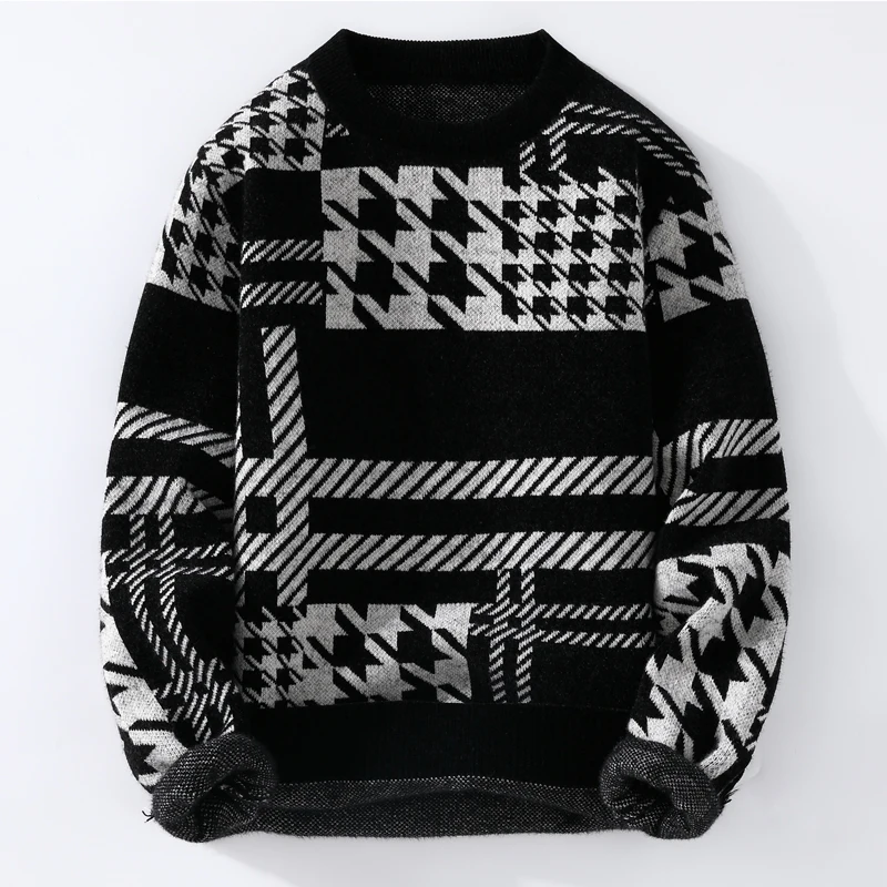 

Men Casual Rhombus Knitted Pullovers Chest Print Design Female Fashion Thick Warm Sweater 2022 Winter Retro Plaid Sweater 4XL