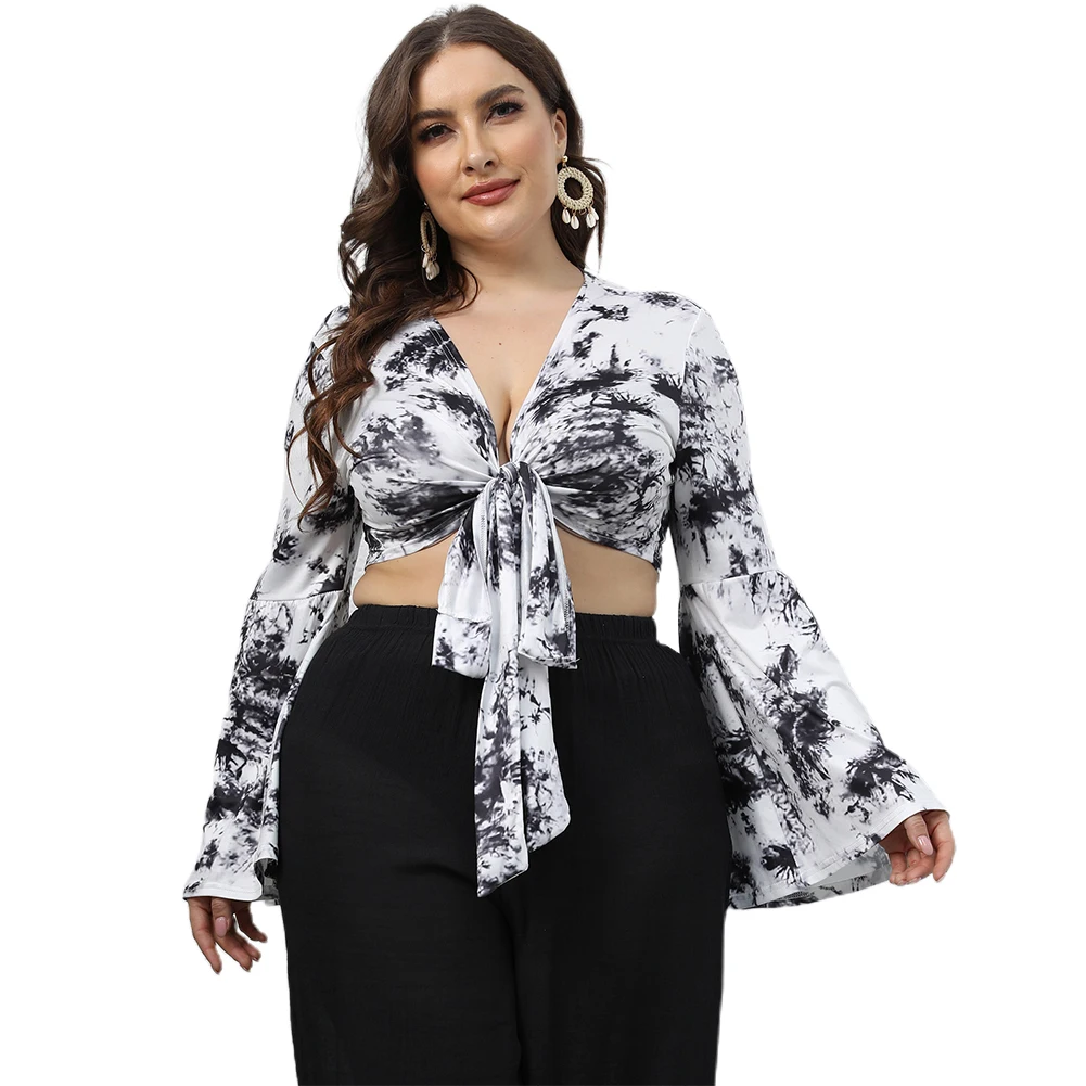 Brand New Women Plus Size Tie Dye Lace Up T-Shirt Crop Top V Neck Long Trumpet Sleeve Tee Soft And Comfortable