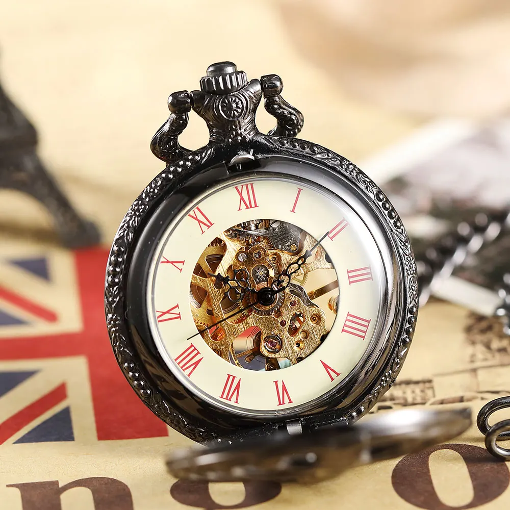 Black Hollow Spine Ribs Style Mechanical Pocket Watch Retro Male Steampunk Skeleton Clock Roman Pocket Watch With Fob Chain Men