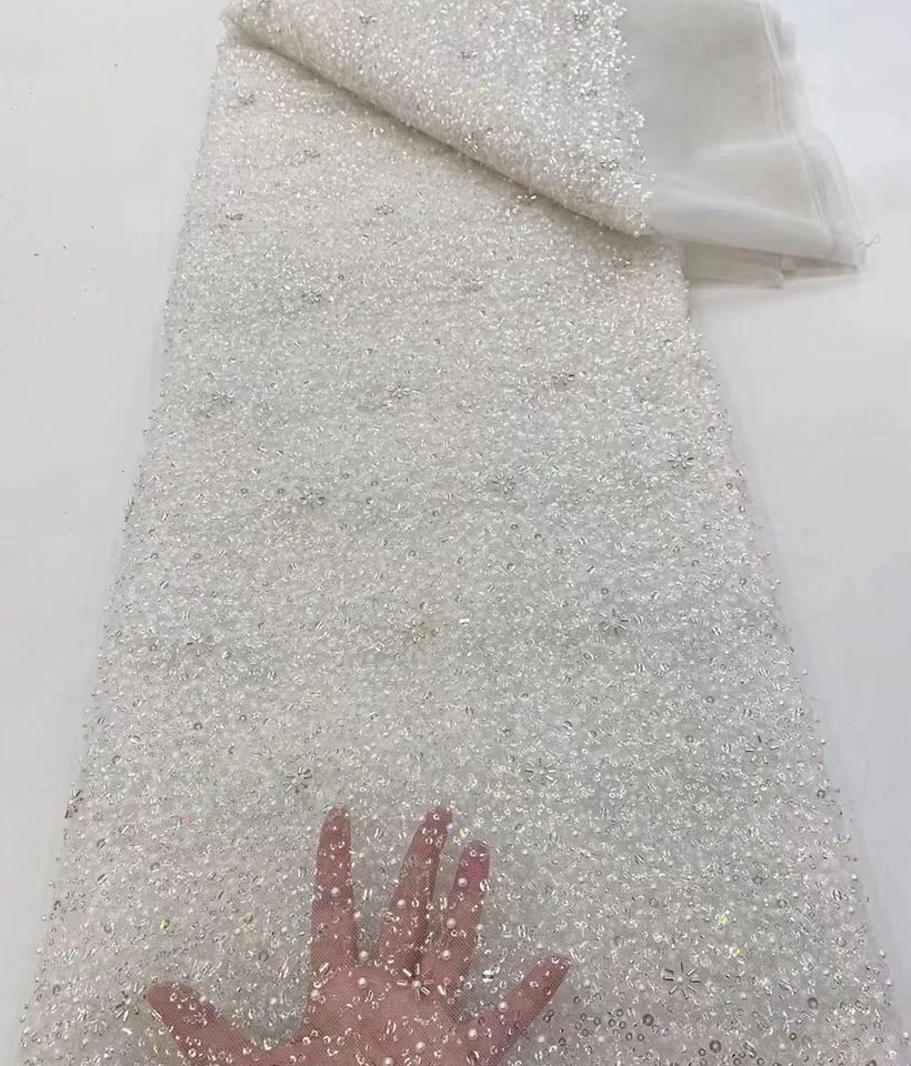 

10 Colors (5 Yards/pc) Newest African Tulle Lace Pearls Tube Beads Sequins 2022 Mesh Embroidered French Net Lace For Party Dress