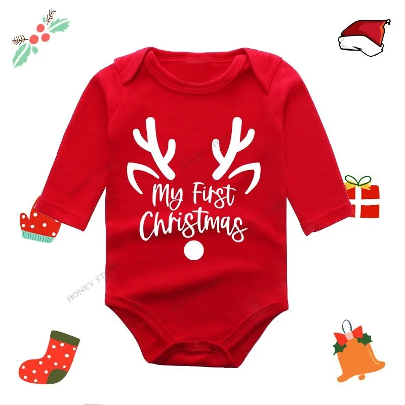 Christmas Bodysuits Christmas Baby Red Cotton Long Sleeve Creeper Newborn Romper New Year Baby Cloth images - 6
