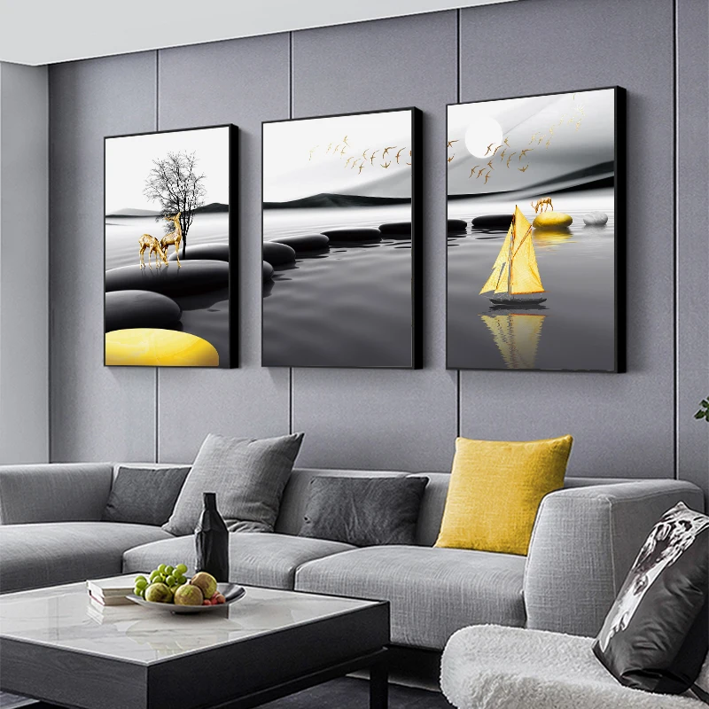 

Modern Landscape Poster Black Yellow Stone Boat Deer Wall Art Canvas Painting Nordic Print Wall Pictures Living room Decoration