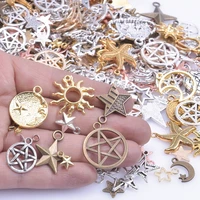 3050100pcs cutout pentagram four tone star moon sun planet hexagon saturn charms colorful bronze gold color pendant jewelry